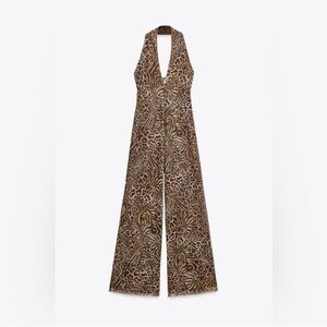 Animal print tulle halter jumpsuit